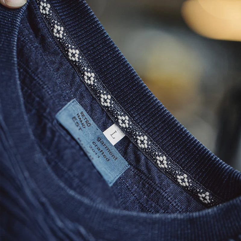 អាវយឺត Maden ប៉ាក់បែប Retro Jacquard ពណ៌ខៀវសមុទ្រ ជាមួយនឹងវាយនភាពរលក អាវយឺតកមូលដៃខ្លីរលុង សម្រាប់អាវរដូវក្តៅបុរស