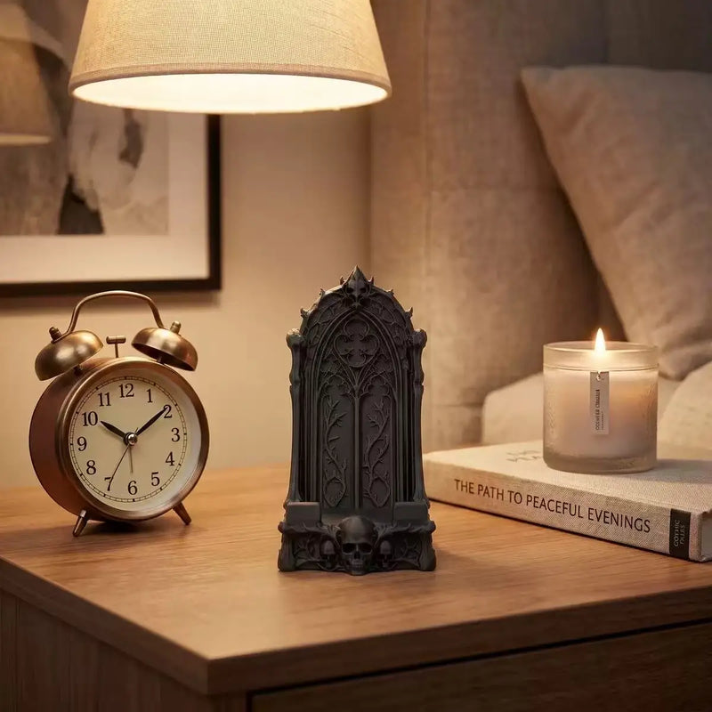 3D Printed Gothic Tracery Window Phone Stand, Dark Skull Ornament for Halloween, Desktop Holder for Phone & Tablet