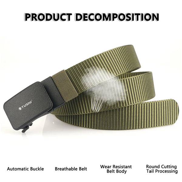 TUSHI Men's Automatic Slide Buckle Nylon Webbing Belt Adjustable Tactical Waist Belt For Outdoor Hiking Work Casual Daily Wear