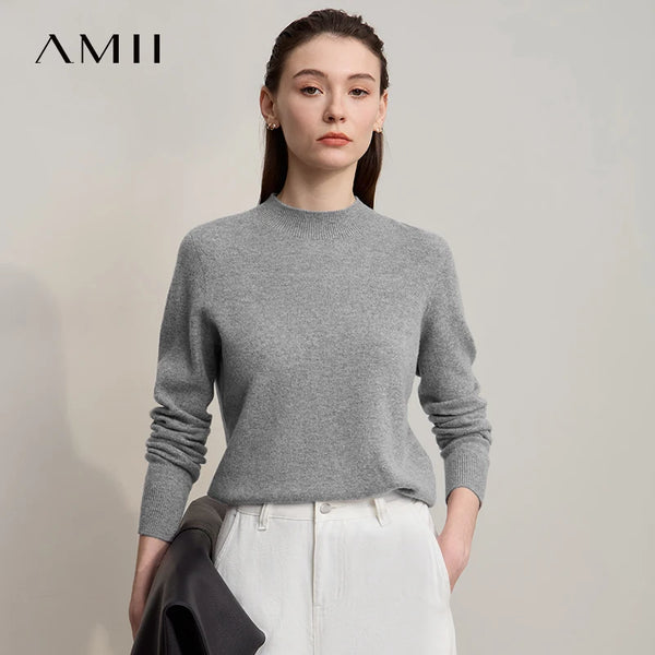 AMII Women's Sweater Semi-turtleneck Knitted Wool Pullover for Woman 2026 Winter New Versatile Long Sleeves Top Female 12543194