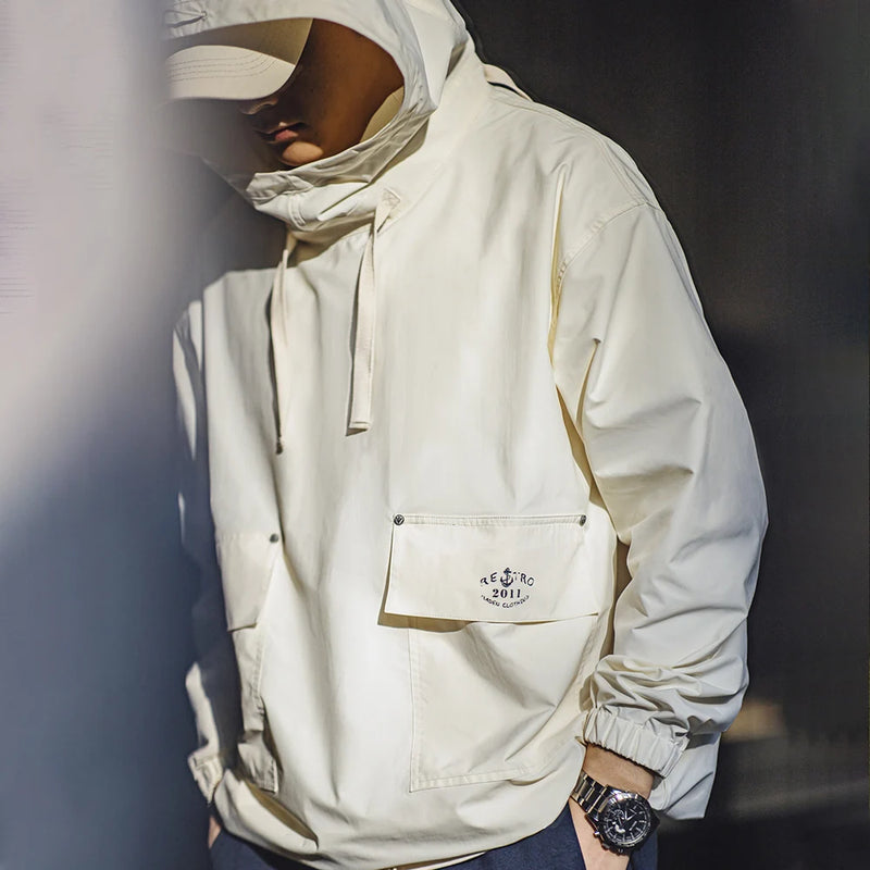 Maden Men's Vintage Deck Smock Hoodies Outdoor Windproof Hoodie Loose Pullover Jacket with Large Pockets Printed Clothing Tops