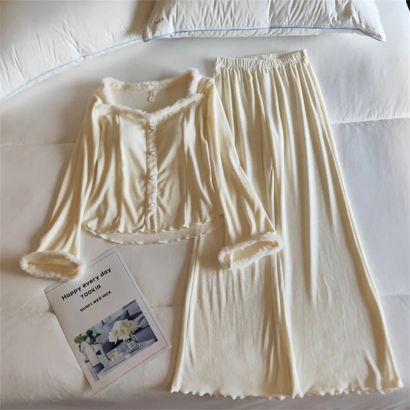 High-end Island Velvet Pajamas Woman New Fall Winter Sleepwear Warm Long Sleeve Nightwear Set Chest Pad Women‘s Home Clothes
