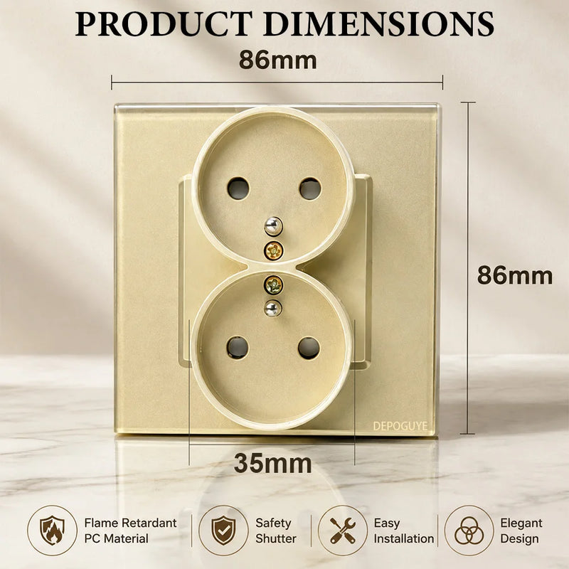 French Wall Socket Double Power Outlet FR Standard 16A Glass Panel Single Double Frame White Black Home Electrical Wall Socket