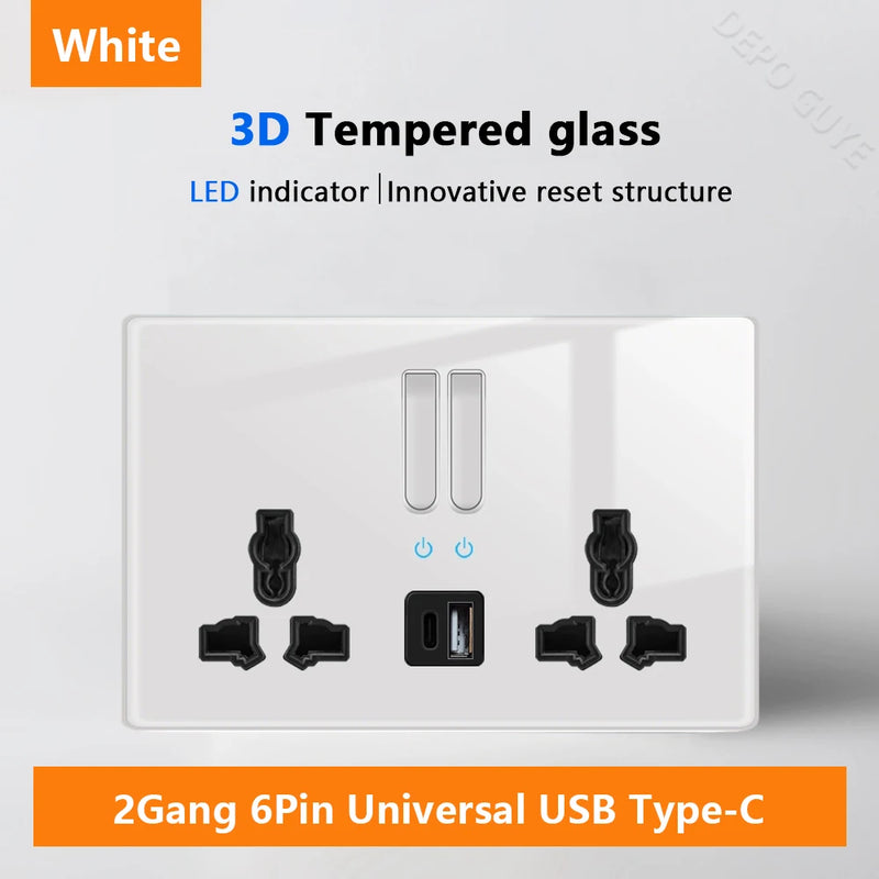 White LED indicator light switch Panel glass piano key Self-reset wall switch socket,UK Universal USB Type-C Electrical outlet