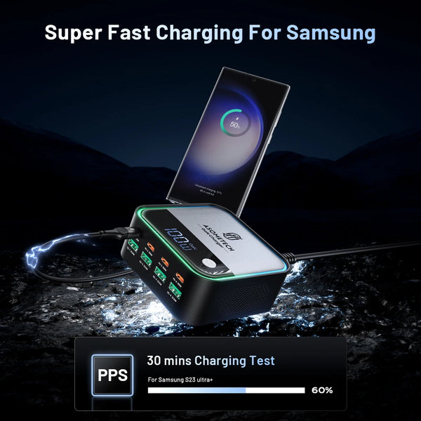ស្ថានីយសាកថ្មលឿន GaN USB C ចំនួន 8 រន្ធ អេក្រង់ LED 4 រន្ធ ប្រភេទ C PD 100W SCP 22.5W សម្រាប់ iPhone 15 Samsung ថេប្លេត Macbook