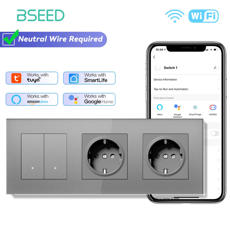 BSEED 1/2/3/4Gang 2Way WIFI Click Button Switch Double EU Socket Glass Panel LED Indicator Tuya Smart Life Alexa Voice Control