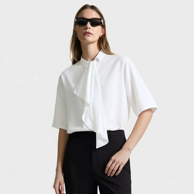 Amii Women Shirt 2026 Summer New Stand Collar Tie Drop Shoulder Short Sleeves Blouse French Style Elegant Chiffon Top 12642105
