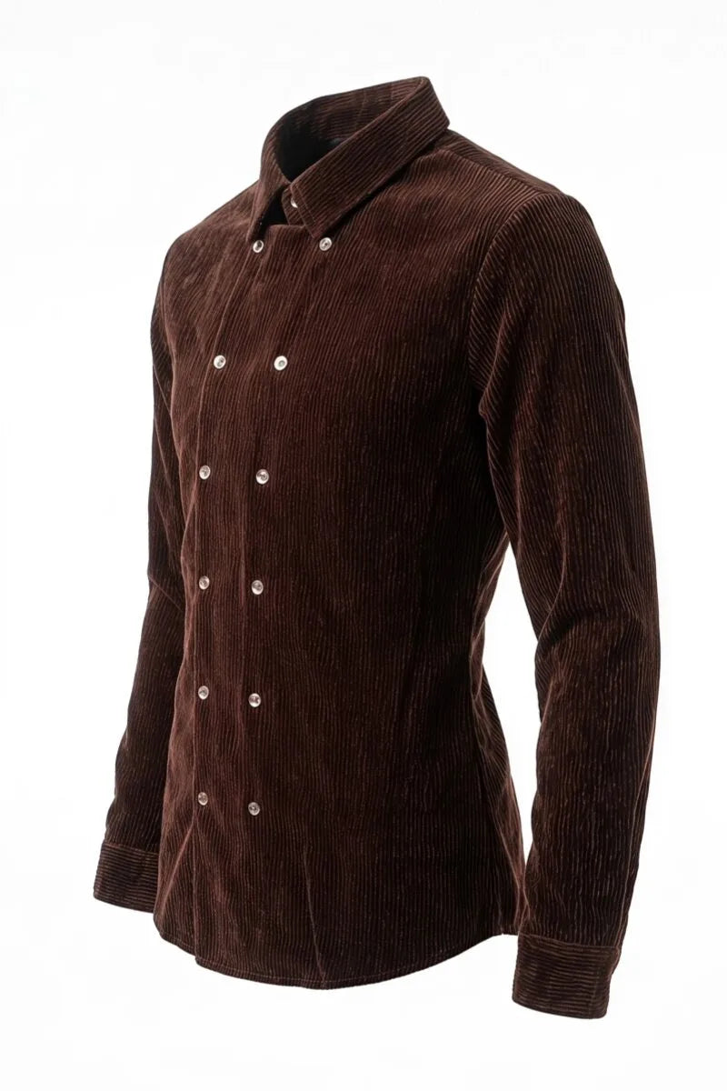 Men's Retro Double-Breasted Slim Fit Shirt – Premium Textured Fabric, Minimalist Gentleman Style for Smart Casual