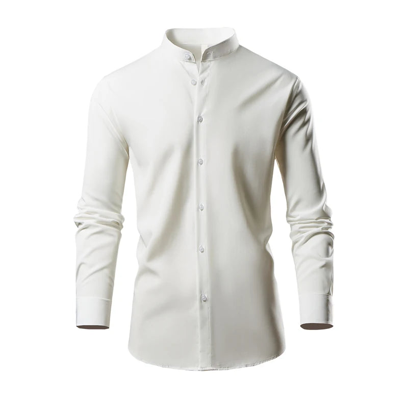 2026 New Men's Black Long-sleeved Shirt, White Single-breasted Stand-up Collar Shirts, Fashion Casual Tops, European Size S-XL.