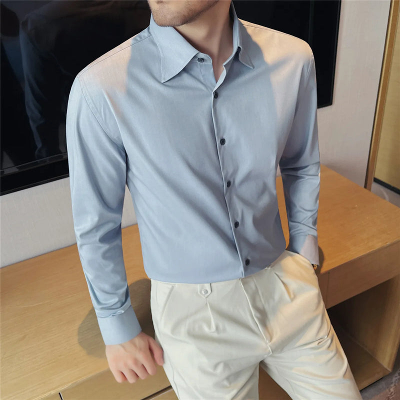 Men's Bamboo Fiber Hidden Placket Shirt Breathable Long Sleeve Button-Down for Business & Casual Wear