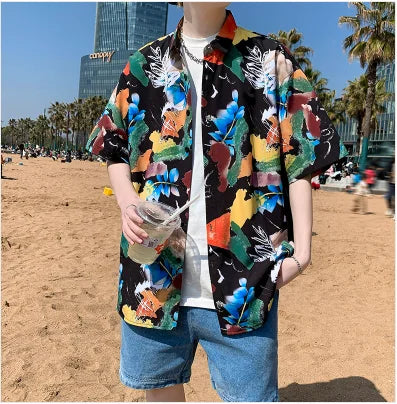 2026 Summer Men's White Short Sleeve Printed Shirt, Beach Vacation Shirts, White Black Gray Green Blue Loose Top, 2025 New