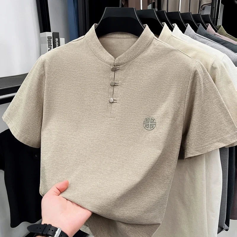 Men Summer Chinese Style Short Sleeve T Shirt Mandarin Collar Frog Button Embroidered Casual Breathable Tee