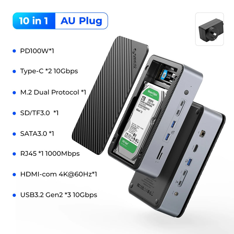 ORICO Docking Station Deck with Dual M.2 NVME SSD Case 3.5 Hard Drive Enclosure Steam Dock 10 in 1 HDMI 4K60Hz PD100W Ethernet