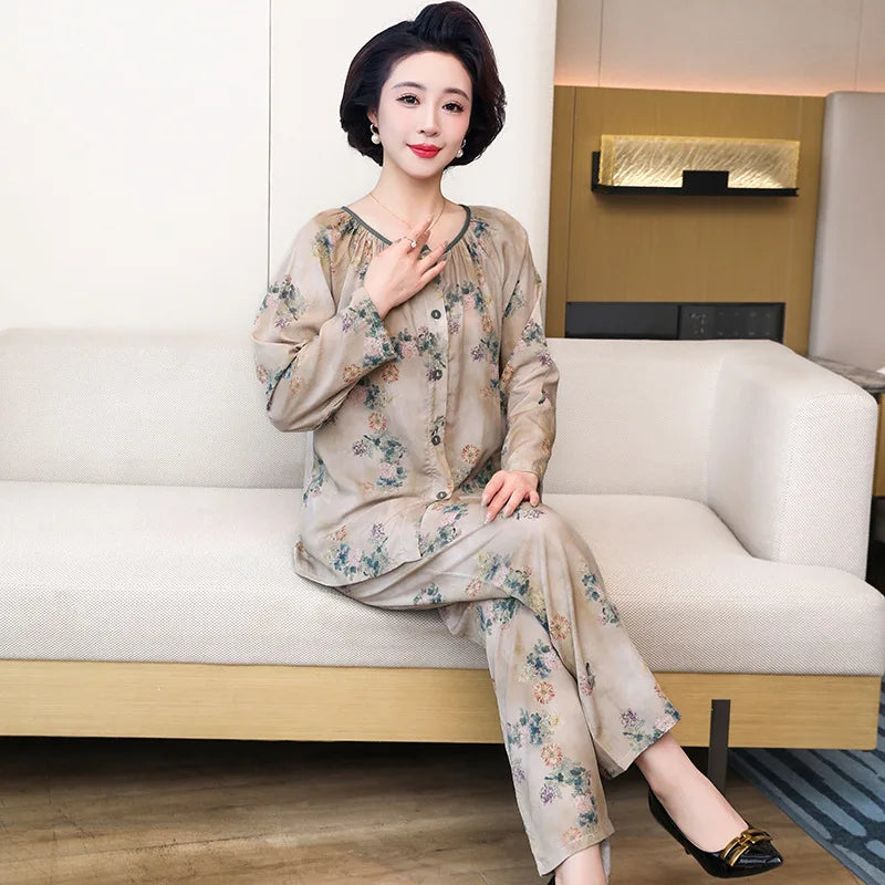 2 Piece Set Nightwear for Women Pajamas 2026 Spring Autumn Long Sleeve Middle-aged Home Wear Loungewear Set Woman Night Clothes