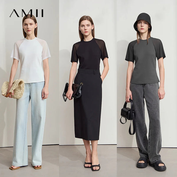 Amii Women Minimalist Summer Top 2026 New Style Versatile O-Neck Mesh Yarn Air Layer Slim Fit Slimming Casual T-Shirt 12522152