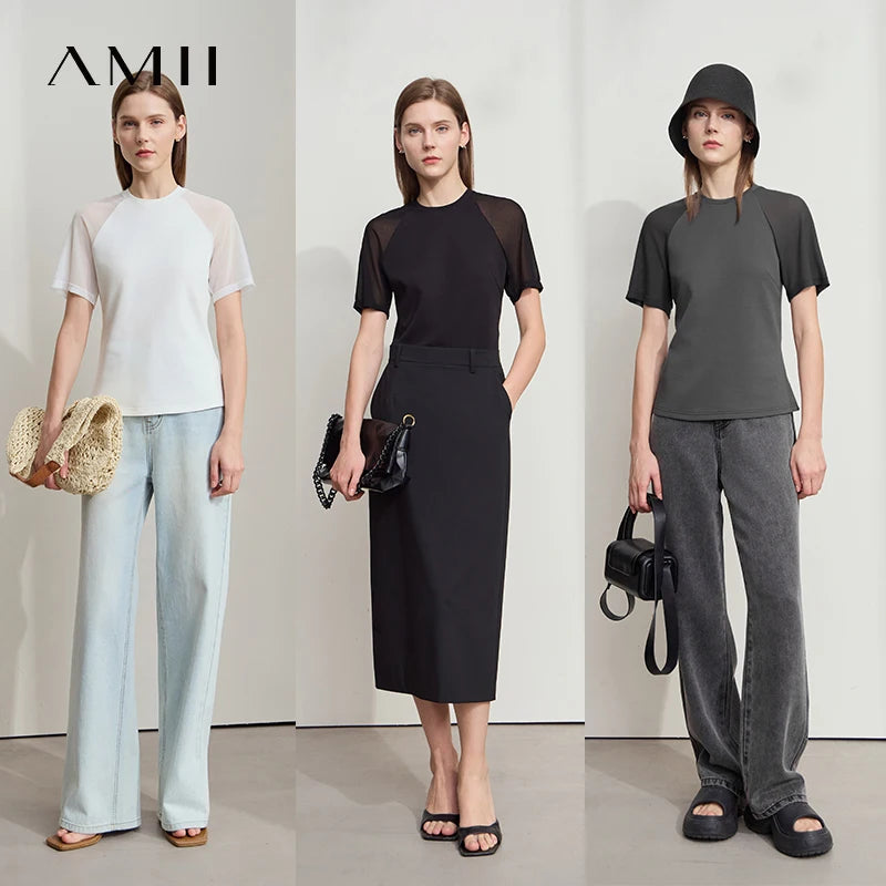 Amii Women Minimalist Summer Top 2026 New Style Versatile O-Neck Mesh Yarn Air Layer Slim Fit Slimming Casual T-Shirt 12522152