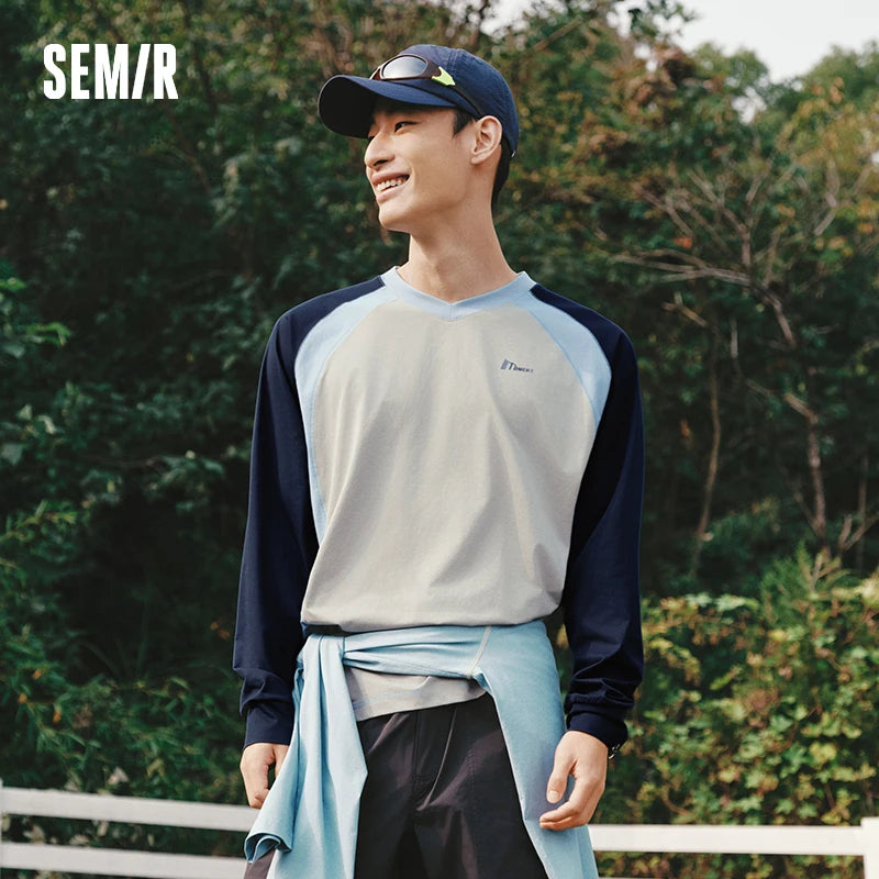 Semir Men Tshirt 2026 Spring Color Block Patchwork Quick Dry Loose V Neck Letter Couple Long Sleeve Casual Tops