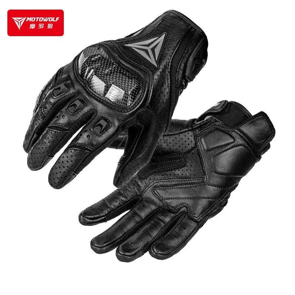 ស្រោមដៃម៉ូតូ Motowolf ស្បែកដែលអាចដកដង្ហើមបាន អេក្រង់ប៉ះ រដូវកាលពេញម្រាមដៃ ជាមួយនឹងសរសៃកាបូនរឹង ការពារការធ្លាក់