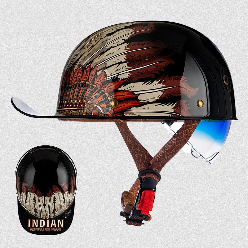 មួកសុវត្ថិភាពម៉ូតូ Street Retro Baseball Cap Moto Helmet ជាមួយកញ្ចក់ពណ៌ខៀវ មួកសុវត្ថិភាពពាក់កណ្តាលបុរសស្ត្រី Capacete De Moto ECE DOT អនុម័ត