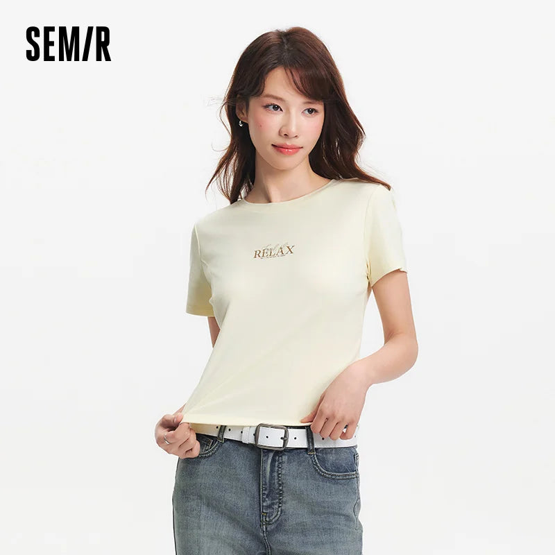 Semir Womens Tshirt 2026 Short Style Letter Split Slim Embroidered Regular Shoulder Slim Fit Casual Soft Daily Wear