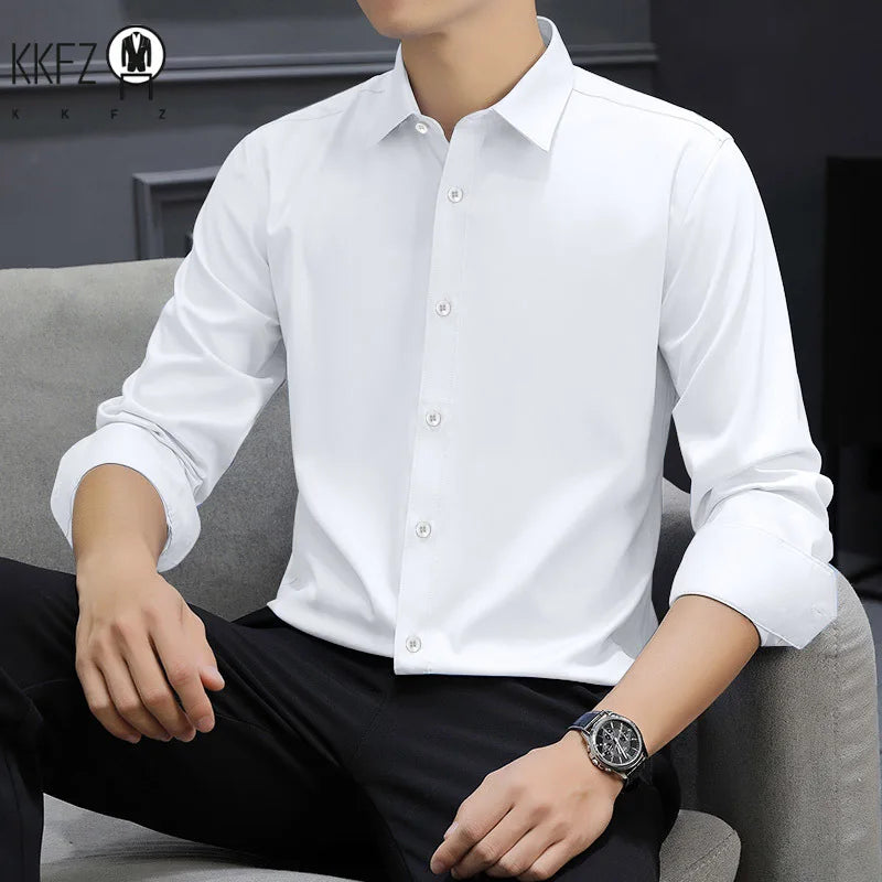 Men's Business Casual Long Sleeve Shirt Solid Color Wrinkle Resistant Comfortable All-Season Versatile Solid Color Top