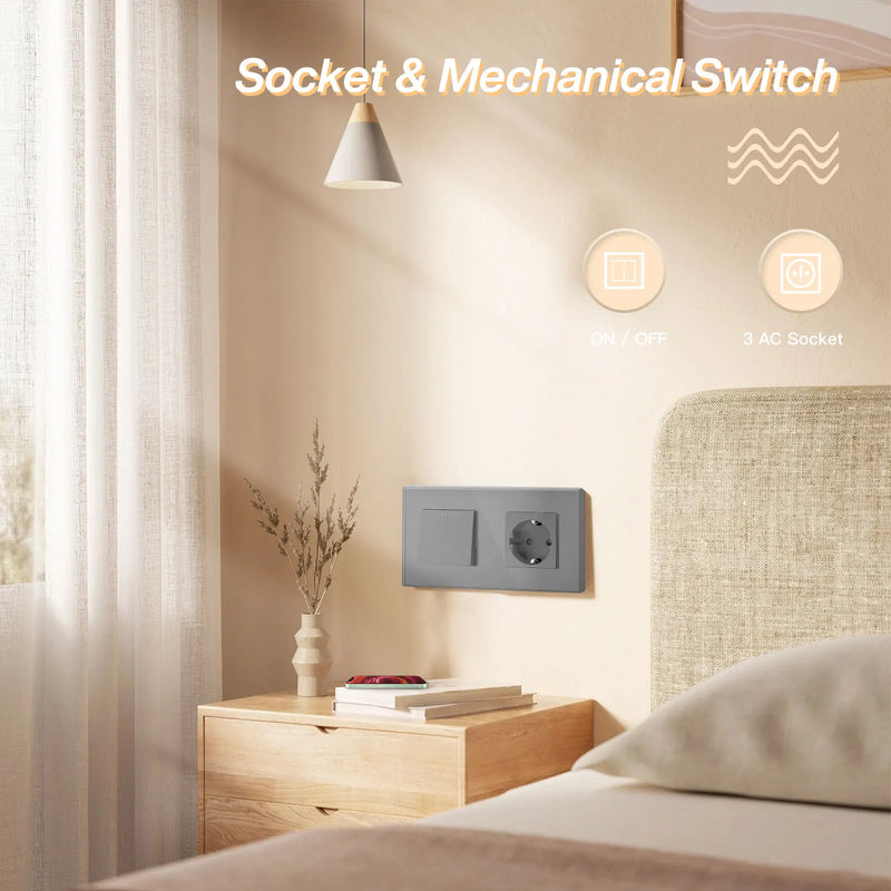 BSEED Mechanical Wall Button Switch 1/2/3Gang 1Way With Wall Power Socket Glass Frame USB Type-C Charge Port Home Improvement