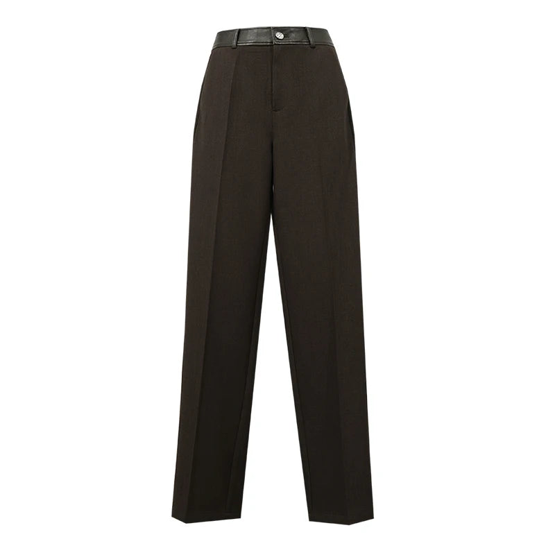 Amii Straight Leg Women Pants Faux Leather Spliced Commuting Autumn New 2026 Comfortable Smooth Drape Pants For Woman 12643011