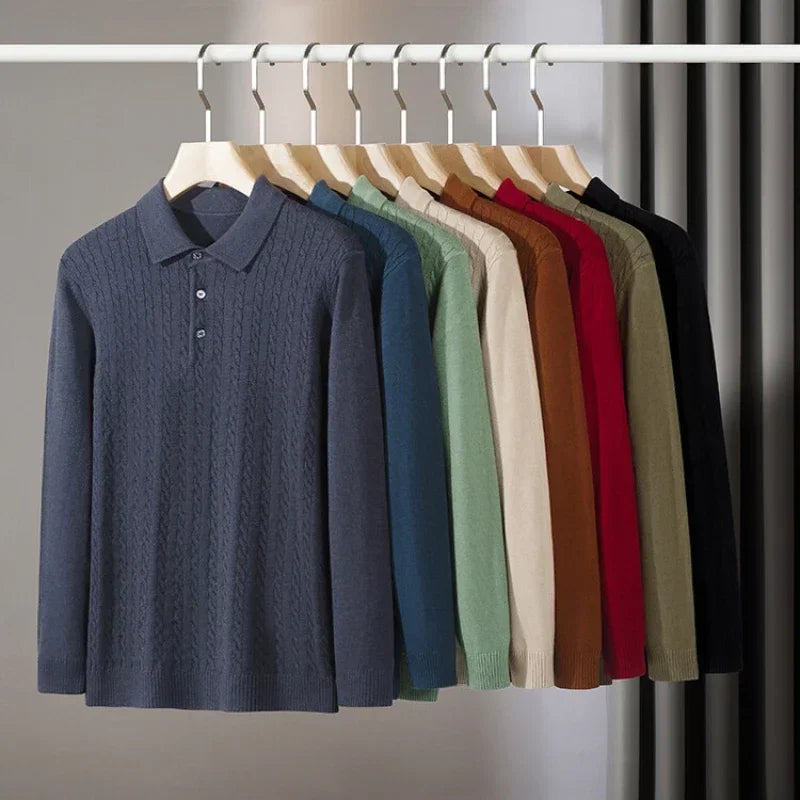 Men's Old Money Twisted Knit Solid Color Long Sleeve Polo Shirt - Business Casual Pullover Sweater for Autumn
