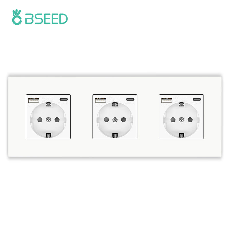 BSEED EU Mechanical Wall Light Switch With Wall Socket 1/2/3Gang 1Way Plastic Panel Double Sockets Triple Power Outlets 250V
