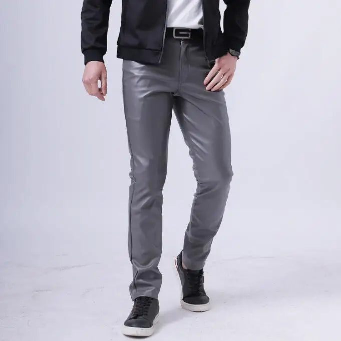 2026 Bright Green Men's Biker Leather Pants, Fashion Slim Stretch PU Pants Red Blue Black Gray Men Pant Plus Size 28-36 38 40