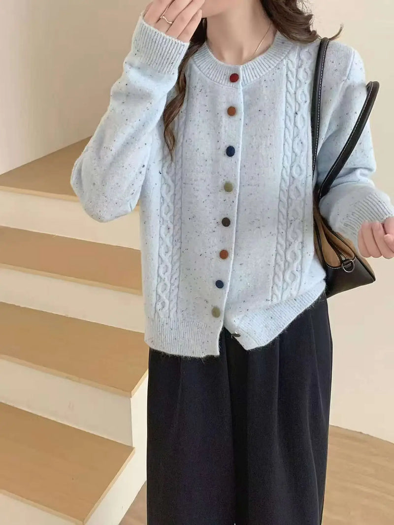 European Button Knitted Cardigan Women's Loose Lazy Style Single-breasted Long-sleeved Sweater Jacket Slim Top Female Knitwear