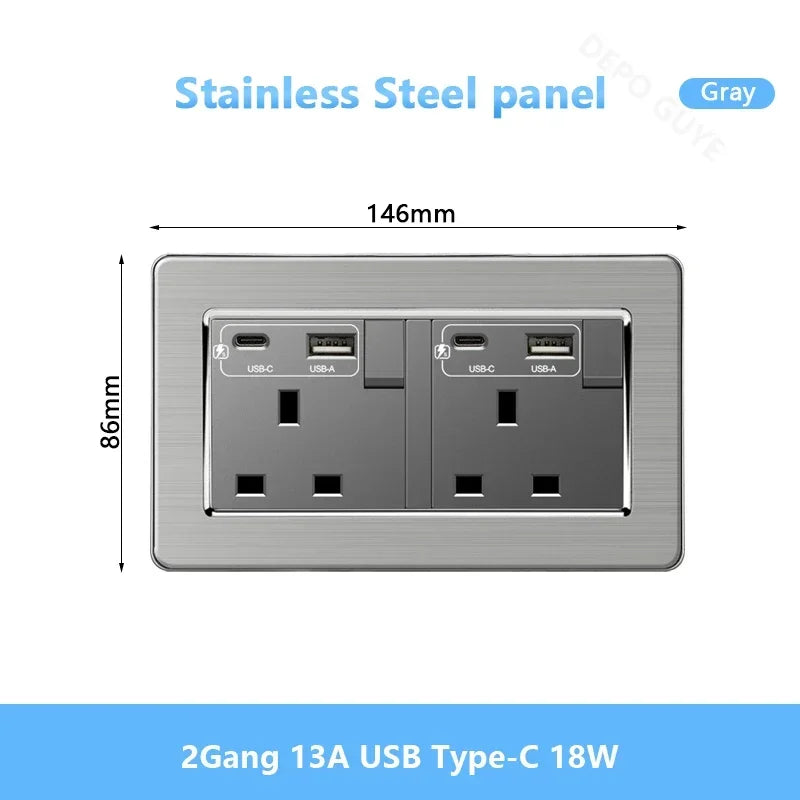 Universal Wall Light Switch Brushed Stainless steel Panel,UK Type-c 18W Quick Charging Socket 220V Double USB Electrical Outlet
