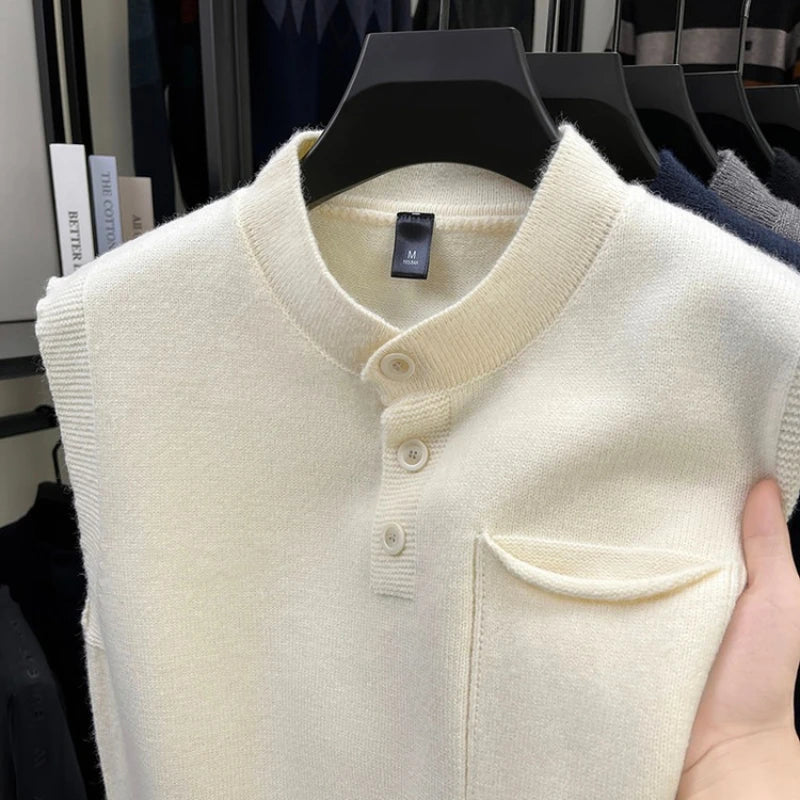 Men's Stand-Up Collar Knitted Vest with Button Front and Patch Pocket Spring and Autumn Pullover Knit Sweater
