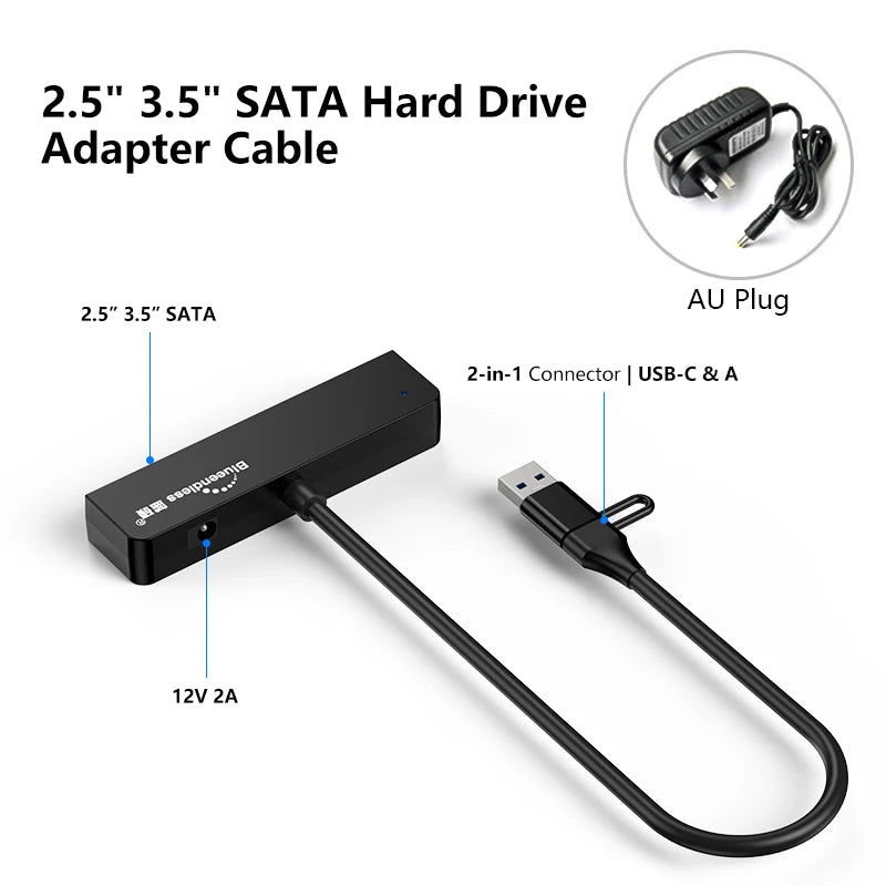 អាដាប់ទ័រ USB 3.0 ទៅ SATA III របស់ Blueendless សម្រាប់ឧបករណ៍បម្លែង USB-A ប្រភេទ C សម្រាប់ខ្សែផ្ទេរទិន្នន័យដ្រាយវ៍រឹងខាងក្រៅ SSD ទំហំ 2.5 អ៊ីញ 3.5 អ៊ីញ