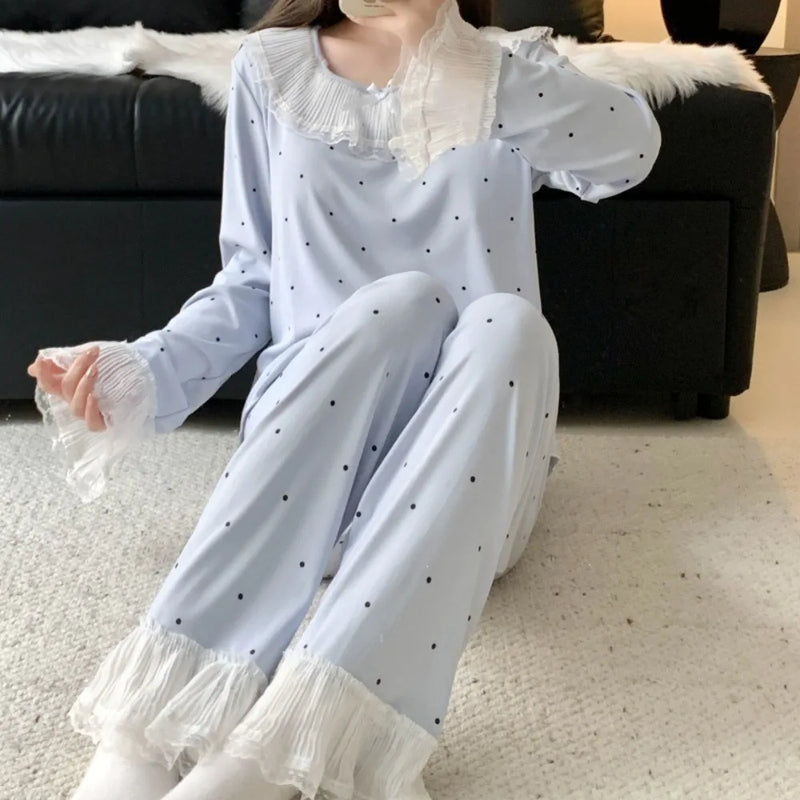Pajama Nightwear for Woman Home Wear New Spring Autumn Sleepwear Ladies Casual Long-Sleeved Trousers Loungewear Suit Homewear