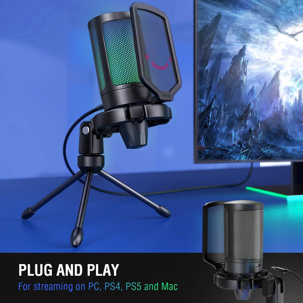 មីក្រូហ្វូនលេងហ្គេម USB FIFINE, មីក្រូហ្វូនខនឌឺរជាមួយ RGB, សម្រាប់កុំព្យូទ័រ PS4 PS5 MAC, សាកសមសម្រាប់អ្នកផតខាស/អ្នកលេងហ្គេម/អ្នកមានឥទ្ធិពល/ស្ទូឌីយោនៅផ្ទះ