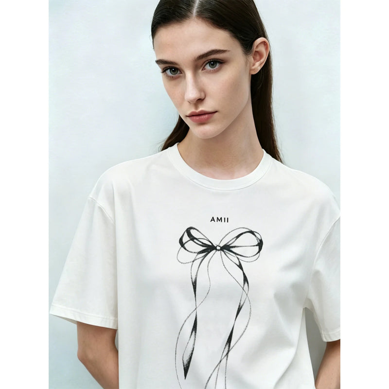 Amii Women's T-Shirt 2026 Summer New Round Neck Bow Print Drop Shoulder Top Women Cotton Casual Loose Short Sleeve Tee 12622041