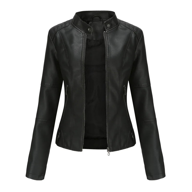 2026 Spring Women's Long-Sleeve Faux Leather Jacket Zip-Up Stand Collar PU Outerwear Available in Red, Black, Purple, Blue Coat.