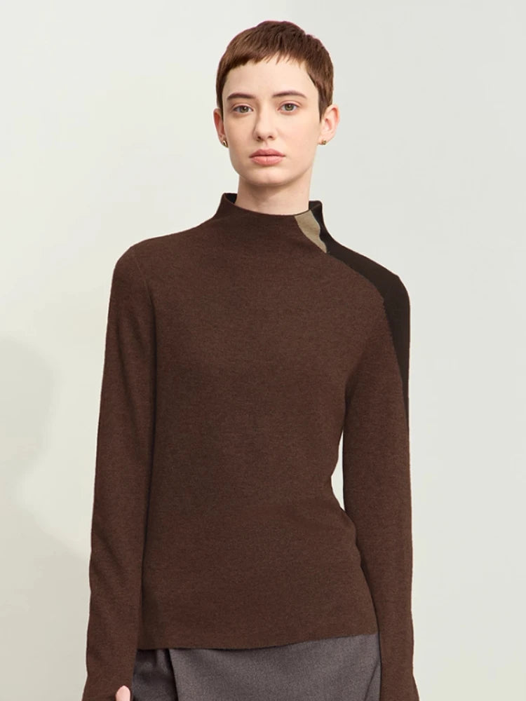 Amii Minimalism Women's Sweater 2026 Autumn New Basic Mock Neck Sweater for Woman Patchwork Slim Long Sleeve Tops Ladies12443133