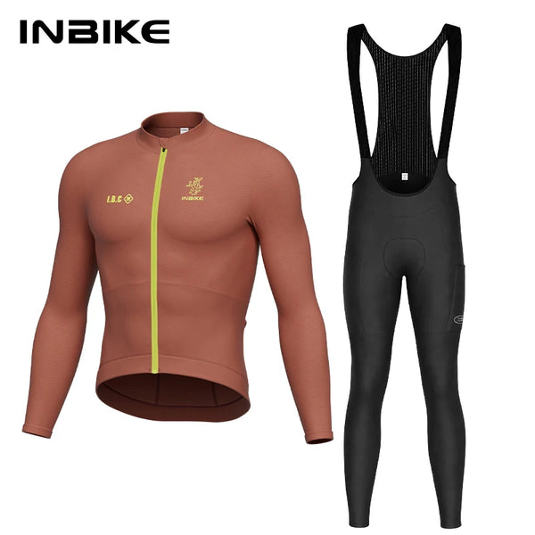 INBIKE Winter Men Fleece Long Sleeve Cycling Jersey with Pockets Padded High Waist Thermal Bib Pants Set for Road Mountain Bike