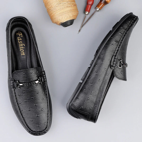 Men's Ostrich Embossed Loafers, PU Leather Slip On Driving Shoes with Metal Buckle, Orange/White/Black Casual Shoes