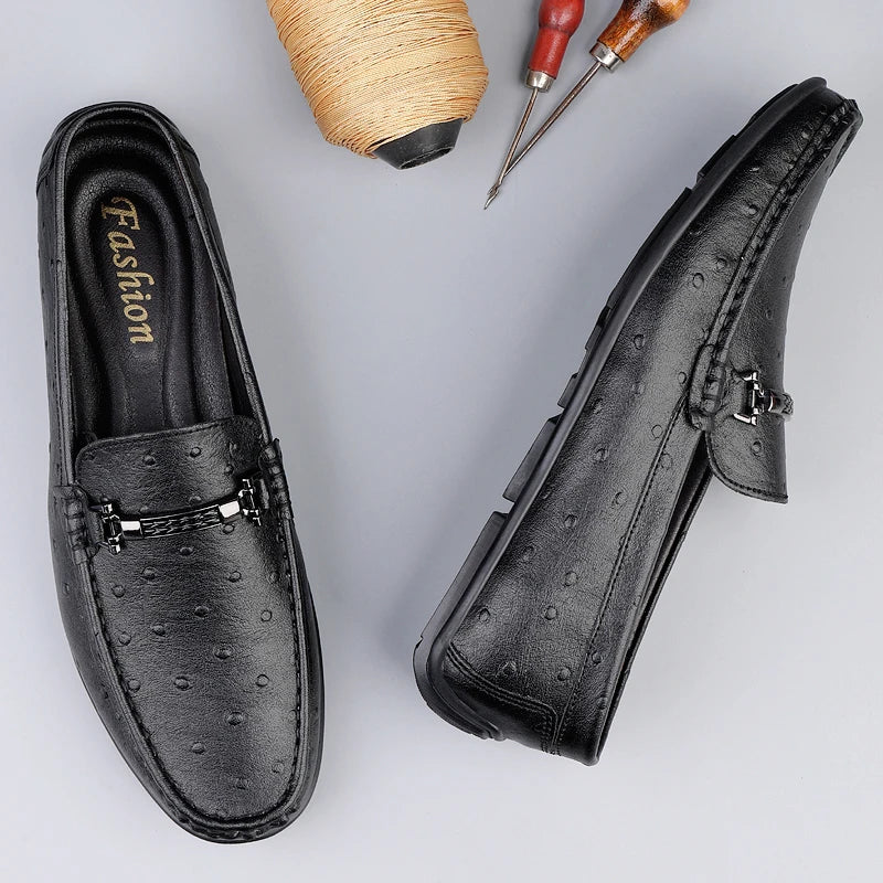 Men's Ostrich Embossed Loafers, PU Leather Slip On Driving Shoes with Metal Buckle, Orange/White/Black Casual Shoes