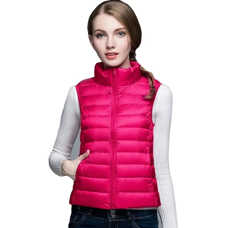 Red Collar Women's Light/thin Sleeveless Vest Jacket, Fashion Short Female Vests, Blue Khaki Green Black Waistcoat, Asian Size