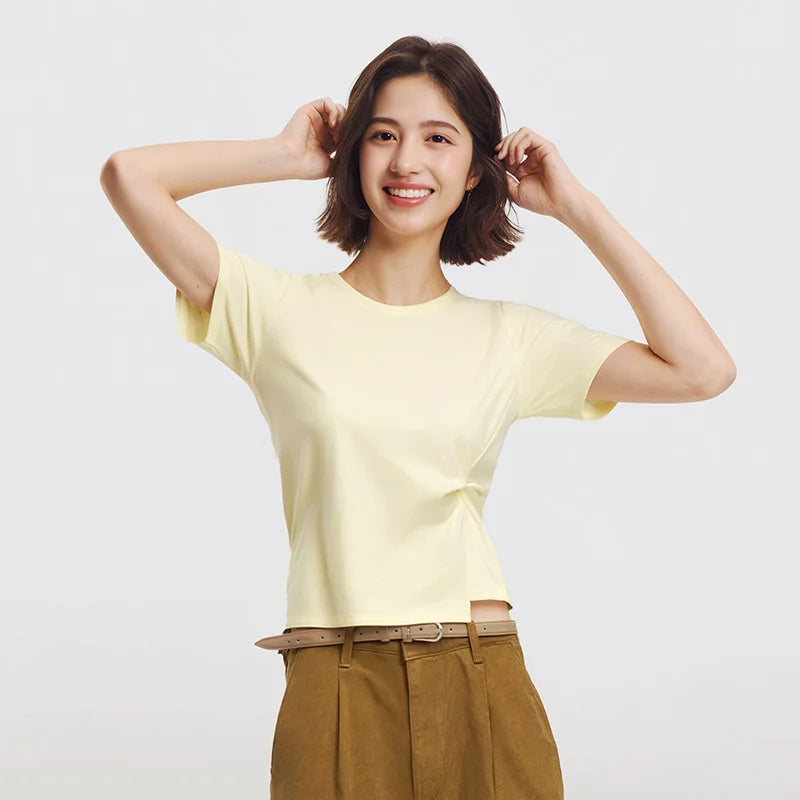 Semir Womens Tshirt 2026 Short Style Solid Slim Regular Shoulder Knot Asymmetric Design Casual Soft