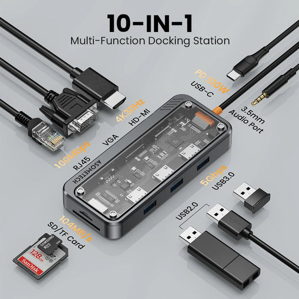 10 ក្នុង 1 Hub Usb 3.0 ប្រភេទ C ទៅ HDMI-Compatible 4K 30Hz Docking Station PD 100W Usb Splitter សម្រាប់ Macbook Air Laptop Pc Accessories