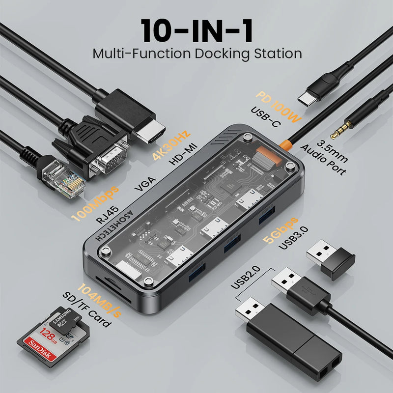 10 ក្នុង 1 Hub Usb 3.0 ប្រភេទ C ទៅ HDMI-Compatible 4K 30Hz Docking Station PD 100W Usb Splitter សម្រាប់ Macbook Air Laptop Pc Accessories