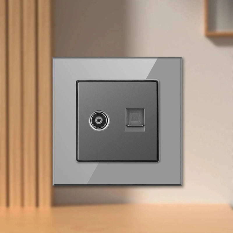 Cat6 Rj45 Wall Socket Network Socket With TV Wall Data Double Socket Telephone Tempered Glass Panel Computer Wall Net Outlet