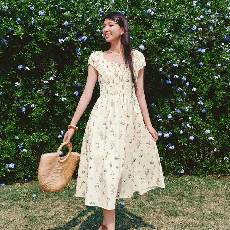 Semir Women Dress Hollow Bow Waist Cinching Floral French Romantic Sweet Elegant 2026 Summer Casual Fashion Top