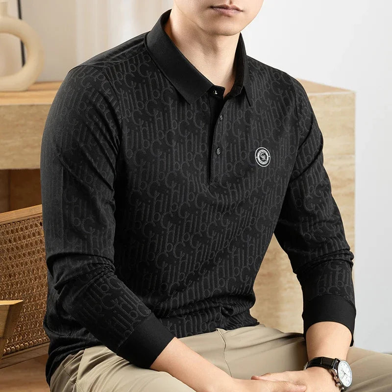 Mens Mesh Fabric Polo Shirt Short Sleeve Turn Down Collar Allover Letter Print Chest Embroidery Relax Fit Office Top