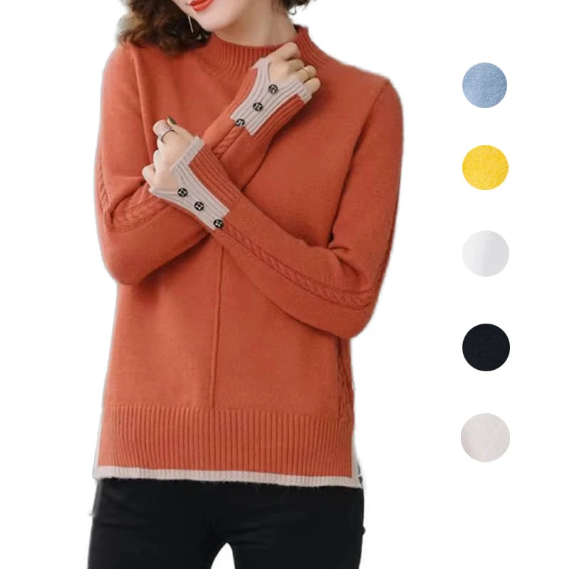 New Korean Women Base Sweater Loose Contrast Color Ladies Half High Neck Split Autumn Winter Pullover Sweaters Pull Tops Femme